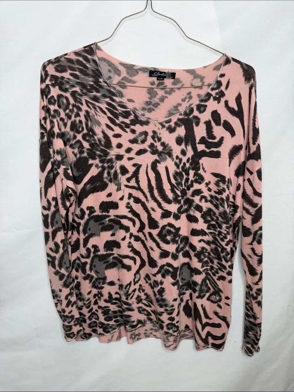 CHARLIE B Pink and Black Animal-Print Long Sleeve Scoop Tee